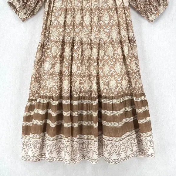 DAUGHTERS OF INDIA Jasmine Midi Dress Women Small White Brown Block Print Cotton - Picture 9 of 16